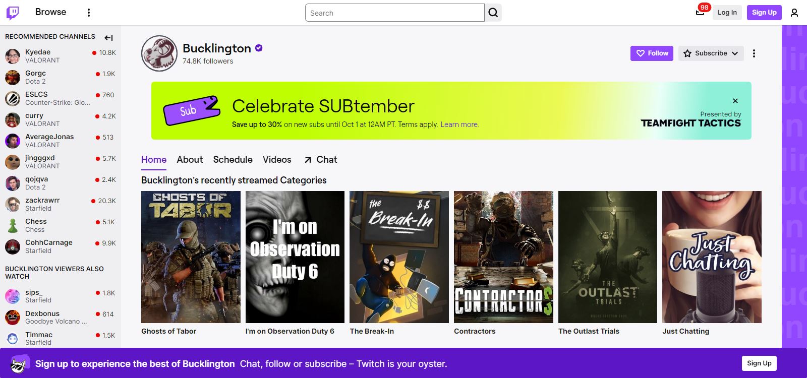 Bucklington's twitch page where some of his recent streams and games are on display