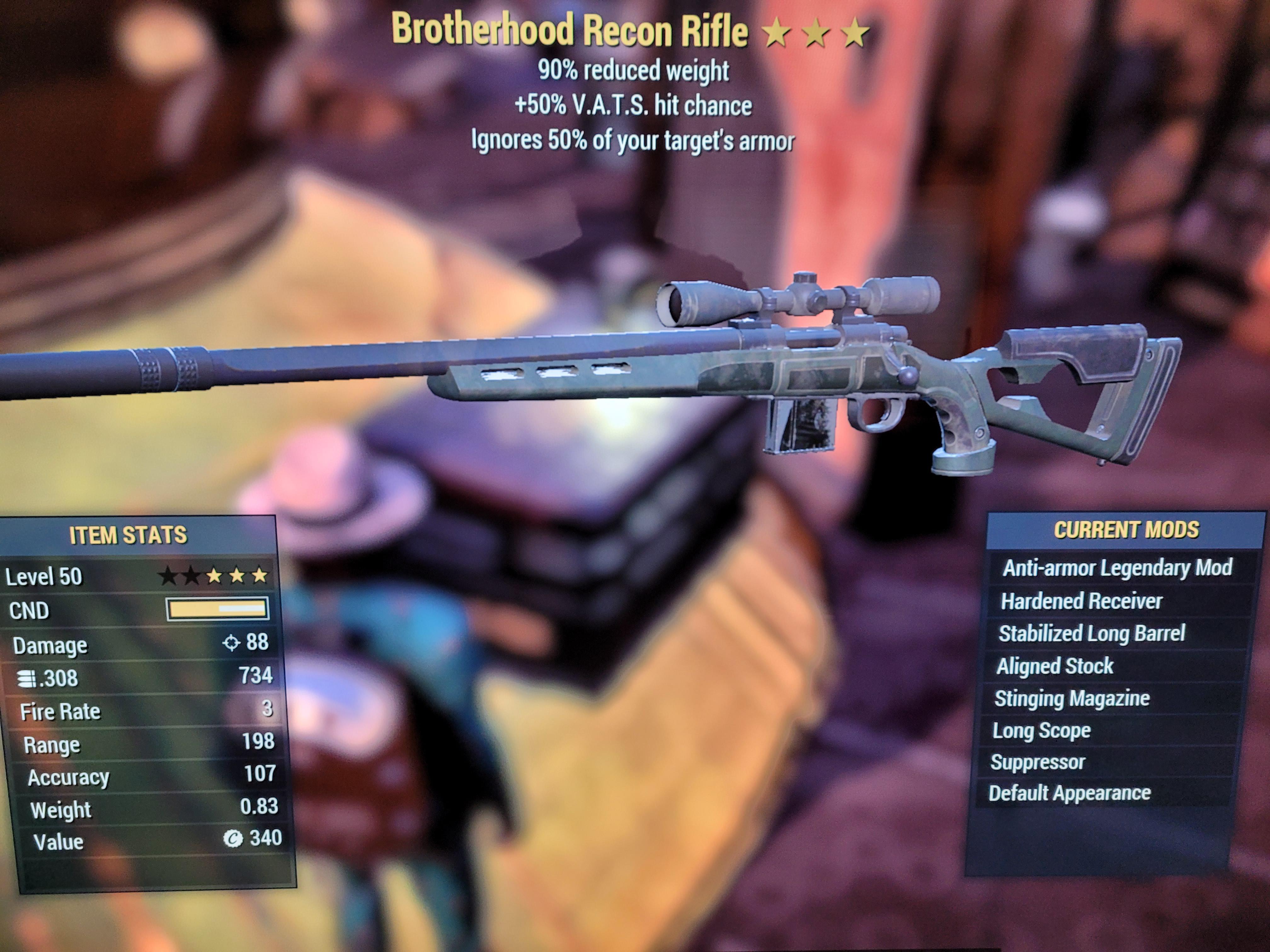 Brotherhood recon rifle with stats details in the left and current mods details in the right