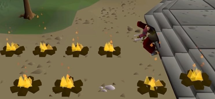 Game character burning woods to firemaking