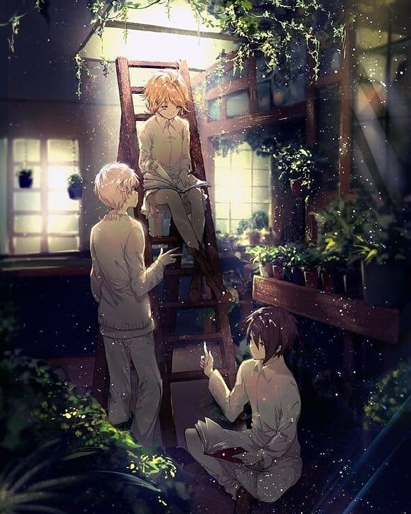 Three anime characters sits in plants