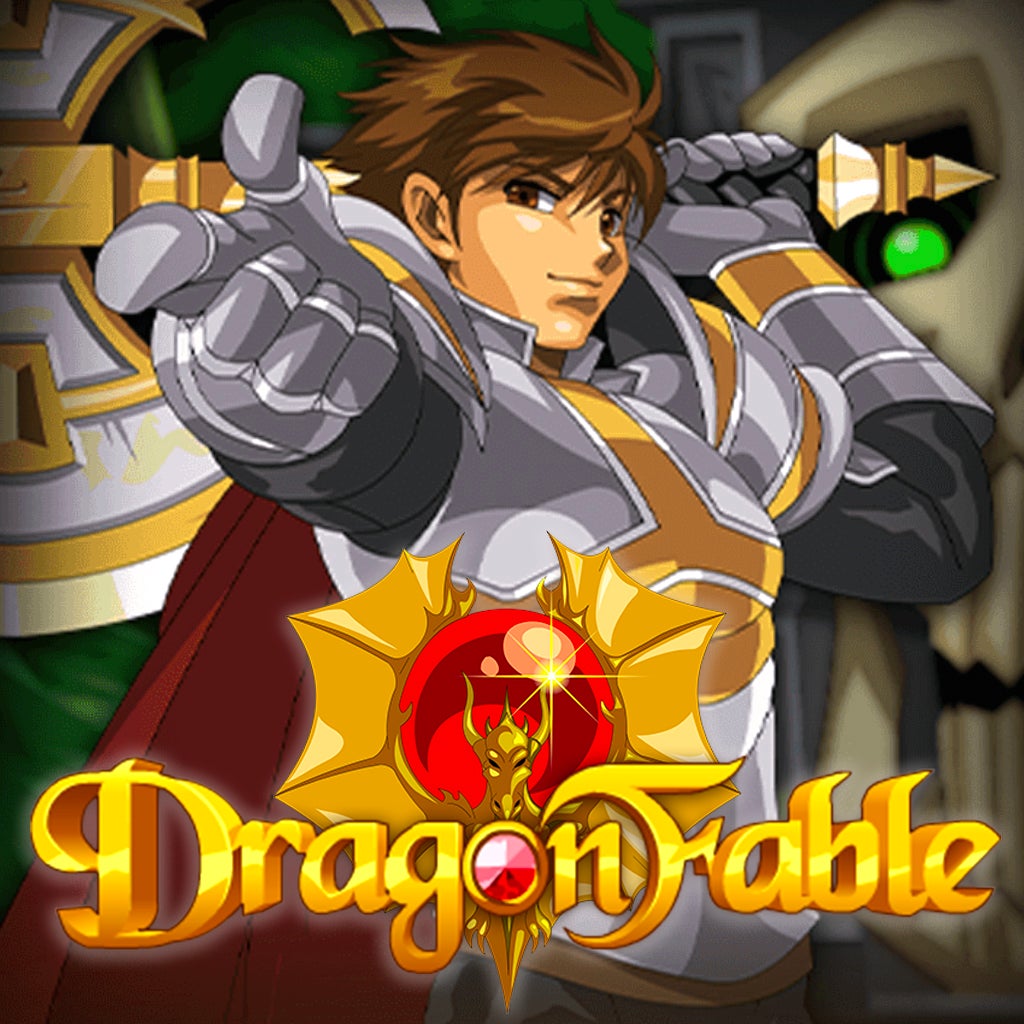 Dragonfable written, player posing with weapon