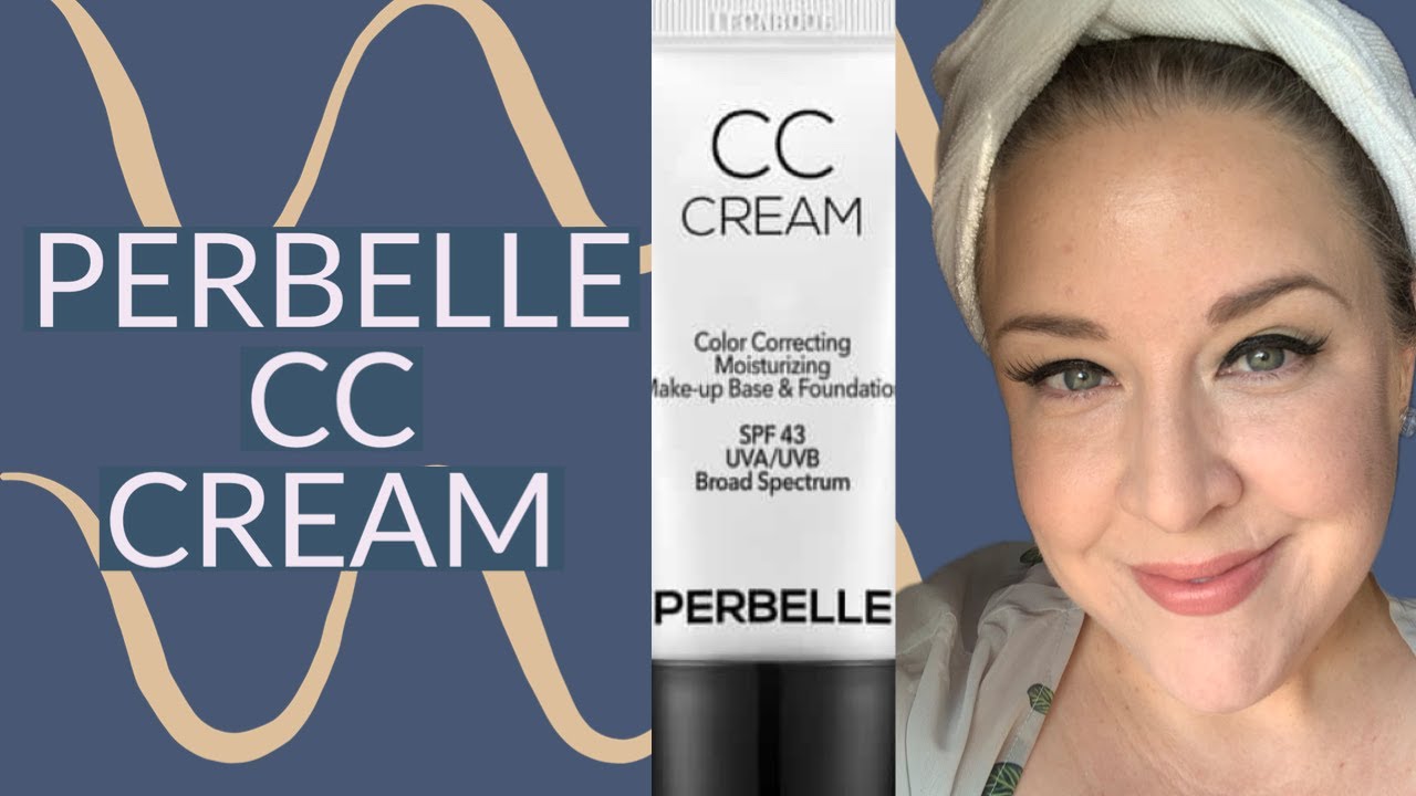 Perbelle CC Cream, featuring the product alongside a smiling woman, with text highlighting the cream's color correcting, moisturizing, and SPF 43 broad-spectrum properties.