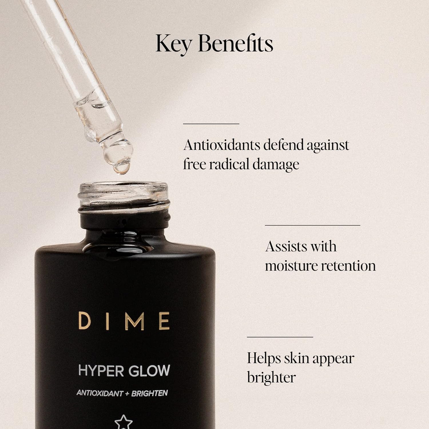 Dime Beauty Hyper Glow Serum bottle and key benefits poster