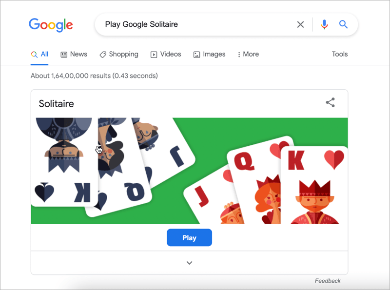 A Google search result displays a playable "Solitaire" game card with stylized face cards and a "Play" button.
