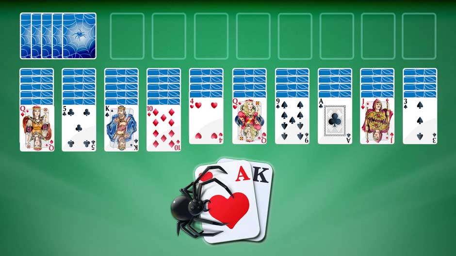 A spider rests atop an Ace and King of hearts card, set against a backdrop of a solitaire game layout.