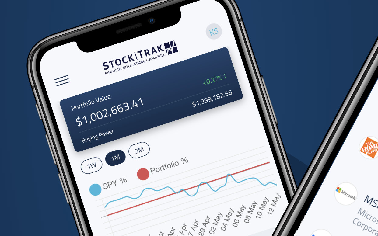 A mobile phone showing the StockTrak application interface with a portfolio value of over $1,002,663, indicating an interactive platform for financial education and simulated trading.