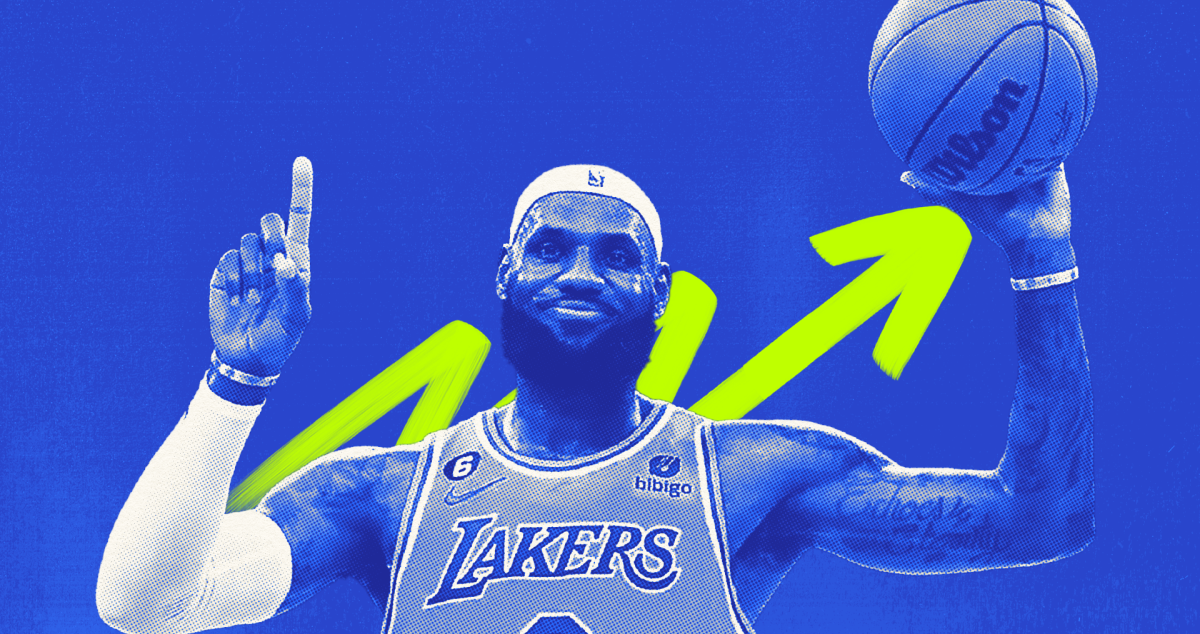 A stylized graphic of a basketball player in a Lakers jersey, holding a basketball with one hand and pointing upwards with the other, set against a blue background with yellow graphical elements.