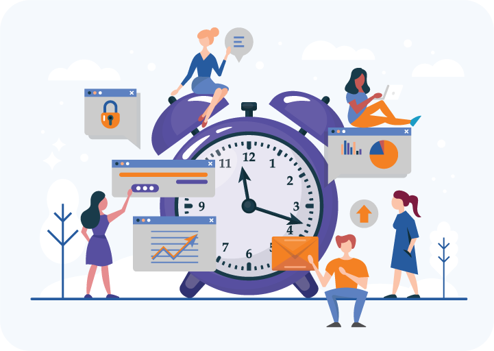Individuals interact with various digital elements surrounding a central clock, symbolizing the essence of time management in the digital age.
