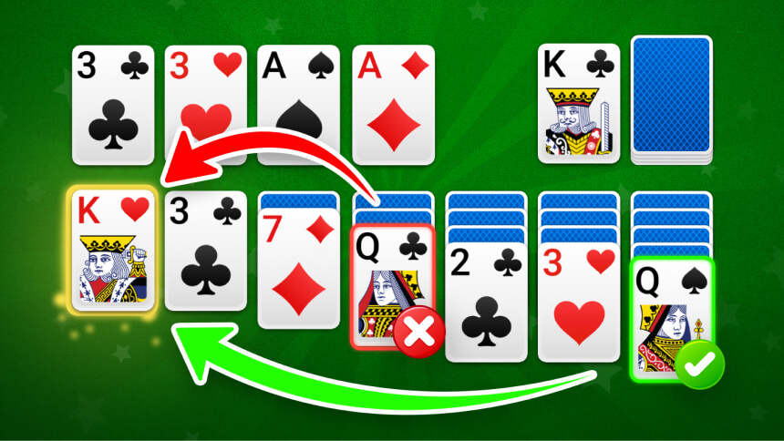 A solitaire card game layout with arrows indicating potential moves and decision points marked with a cross and check.