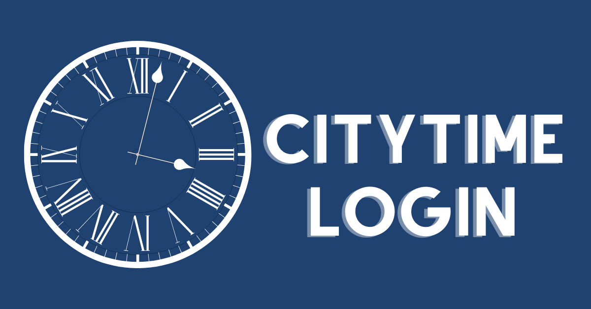Dark blue background with a white clock illustration at the center, and the words "CITYTIME LOGIN" in white, capitalized font, indicating a visual for a login portal or webpage for CityTime.