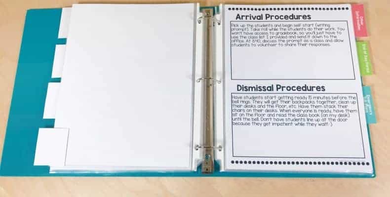 Binder with a page on arrival and dismissal procedures