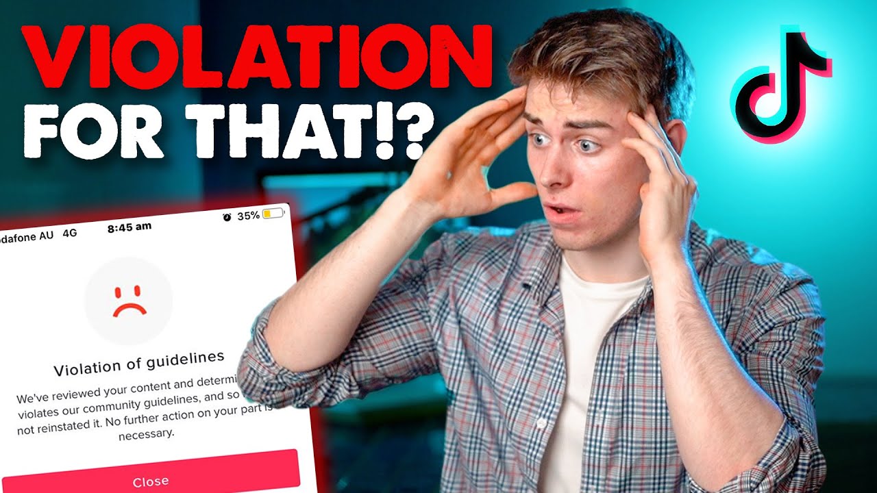 A surprised young man reacting to a "Violation of guidelines" notification from TikTok, emphasizing disbelief with the caption "VIOLATION FOR THAT!?"