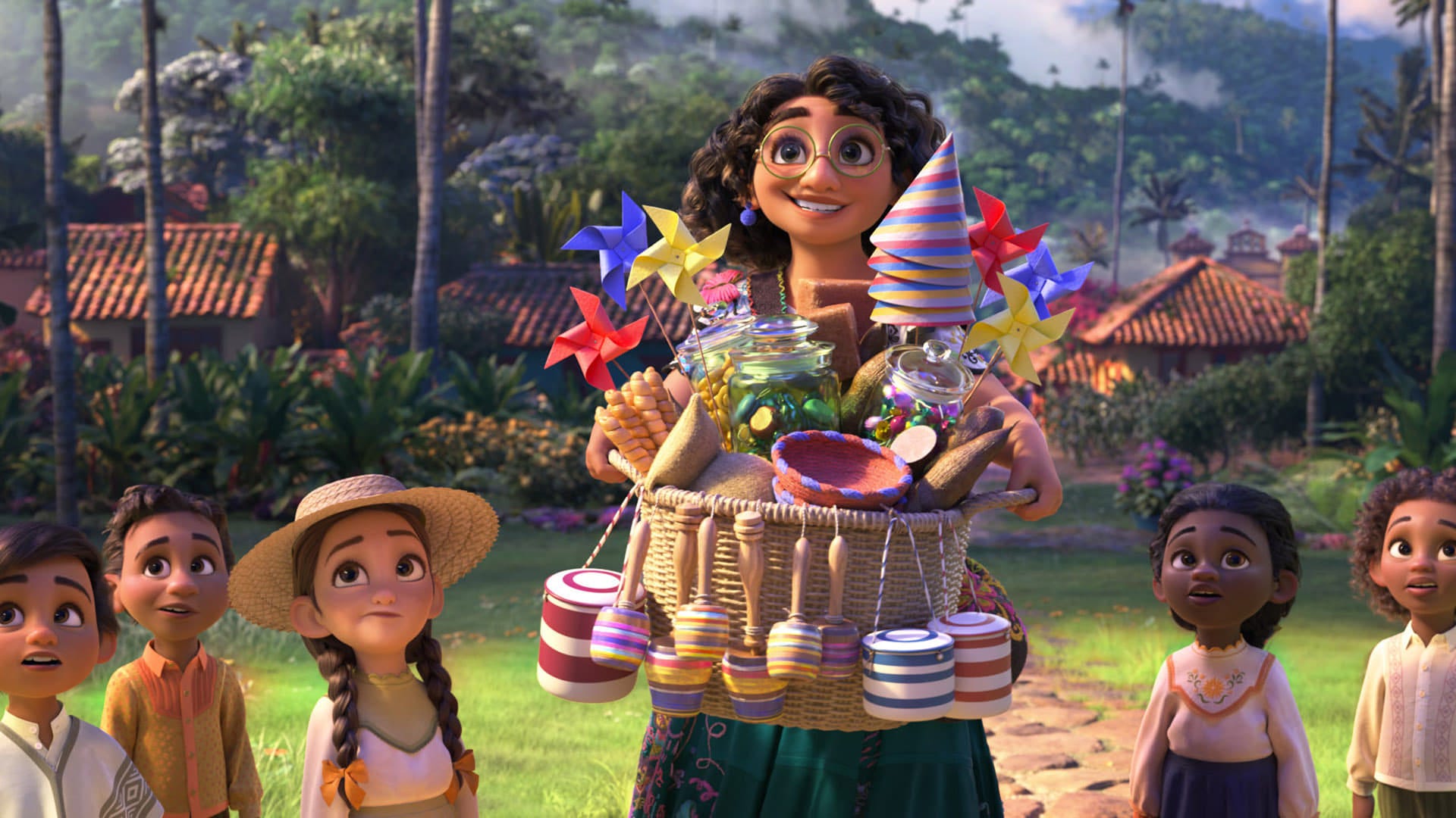 Mirabel holding a basket full of party stuff, children standing alongside her