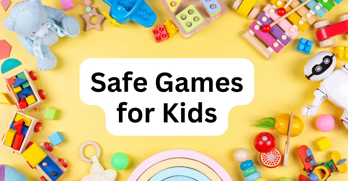 A bright and cheerful setup with various children's toys and the phrase "Safe Games for Kids" prominently displayed, indicating a focus on secure and child-friendly play options.