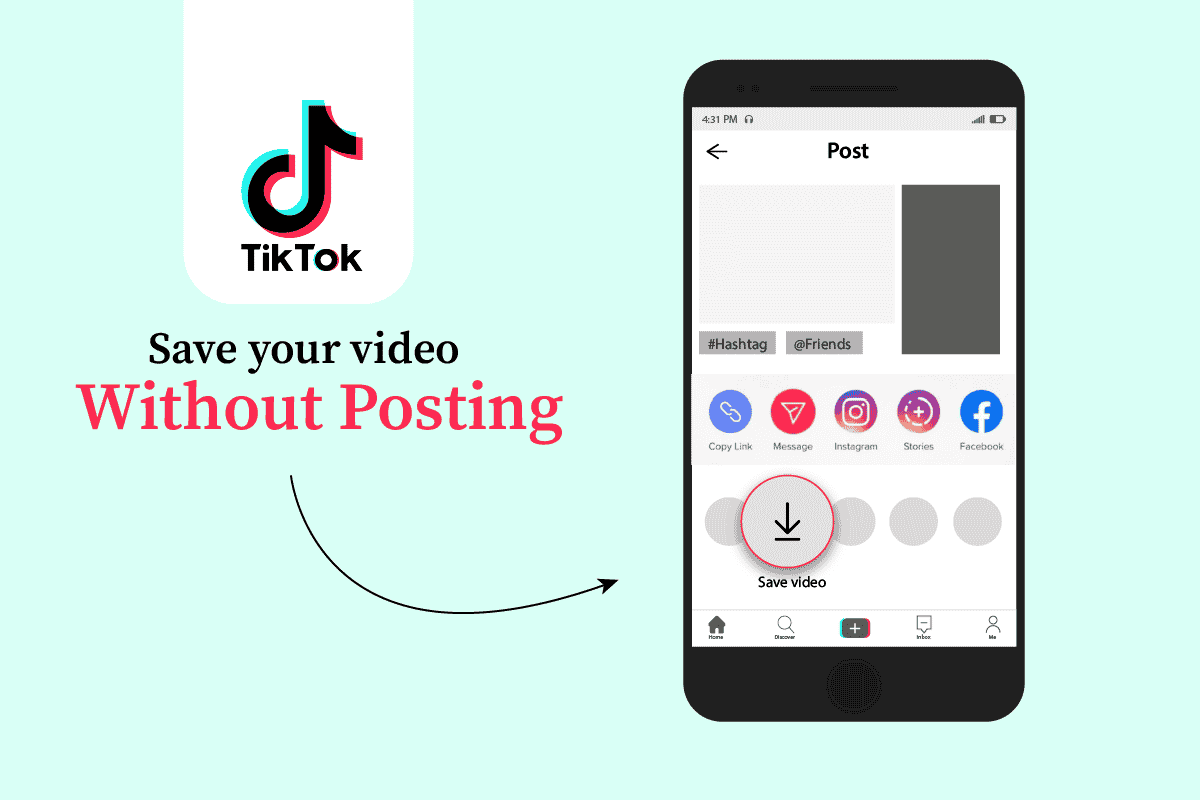 A method to save videos on TikTok without posting, represented by a smartphone interface with various sharing options on a mint green background