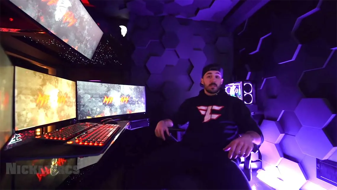Nickmercs talking to the camera in his gaming room
