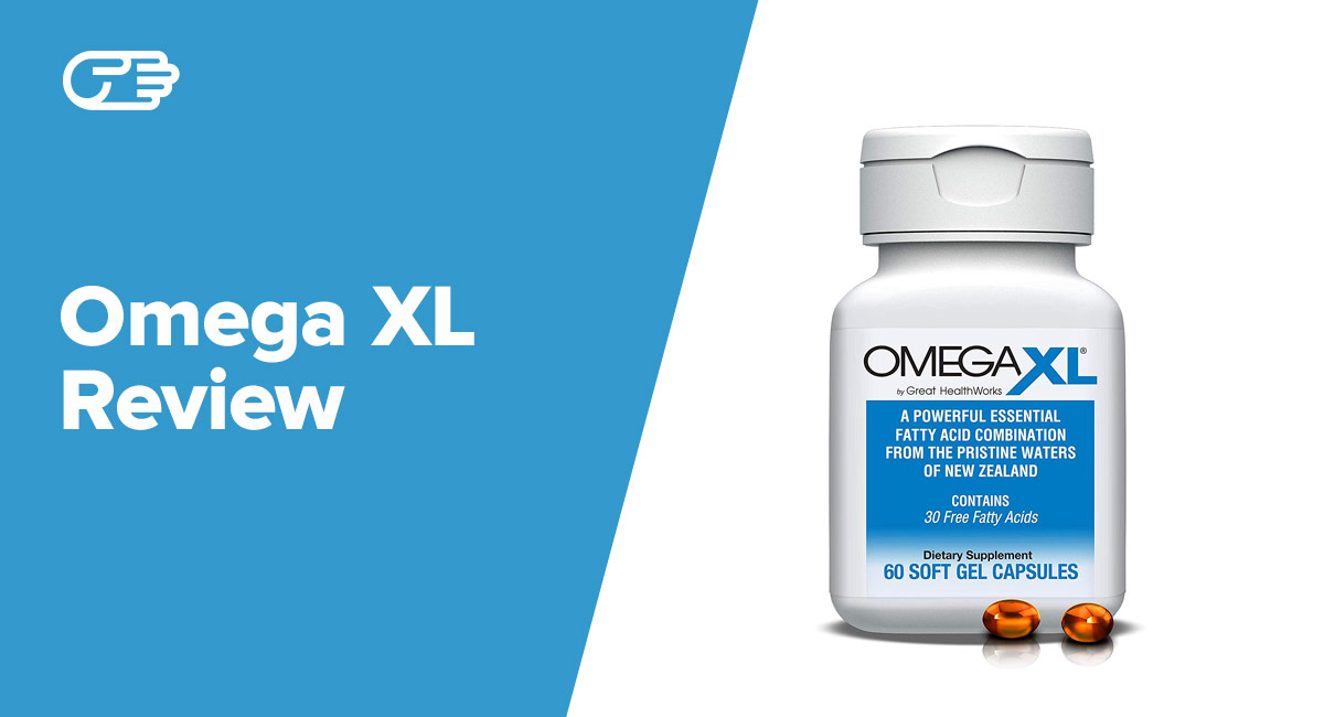 A promotional or review graphic for Omega XL, a dietary supplement, highlighting the product's attributes and packaging.
