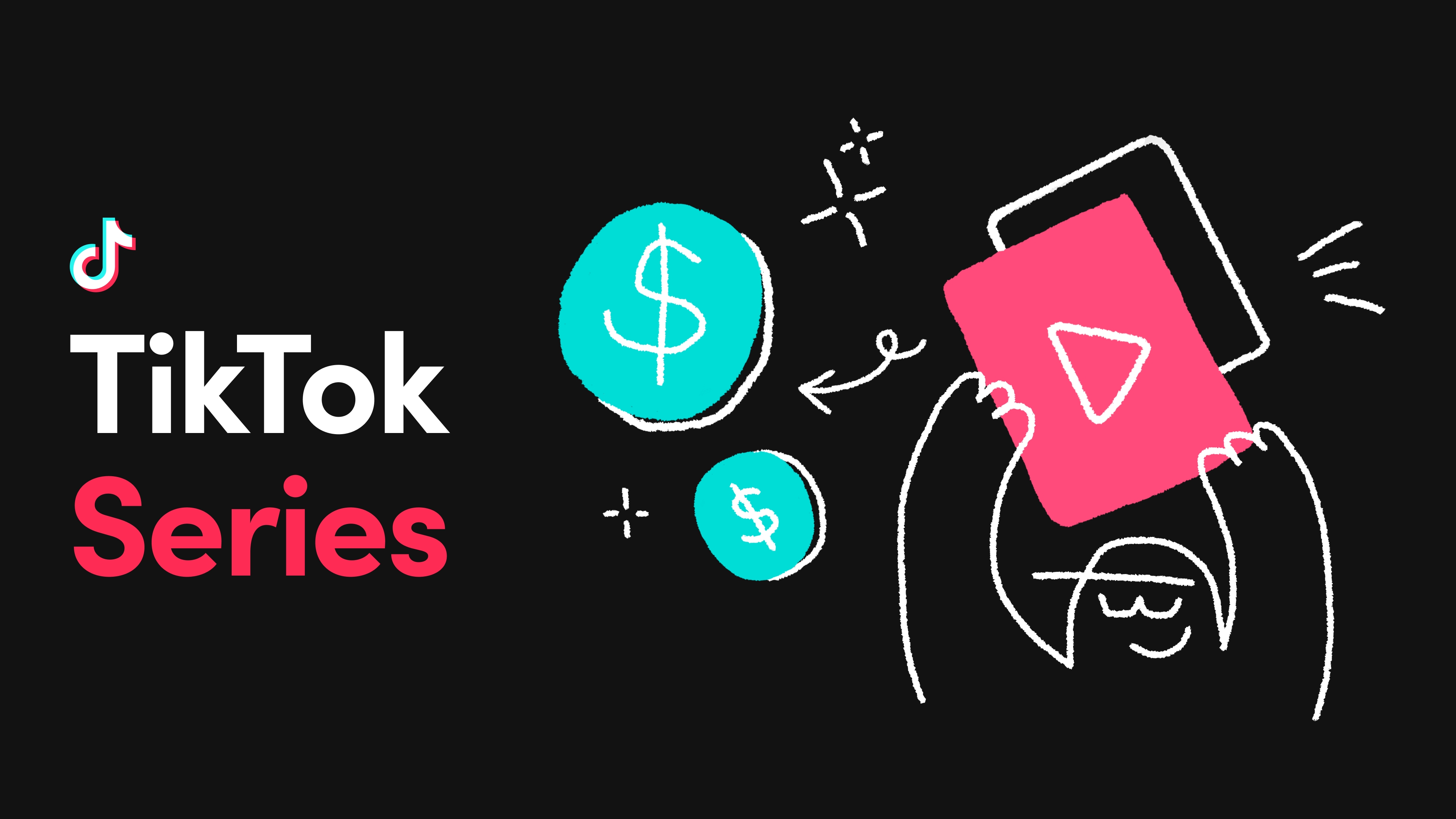 A playful illustration showcases the concept of "TikTok Series" with symbols of monetization and a figure holding up a device displaying a play button.