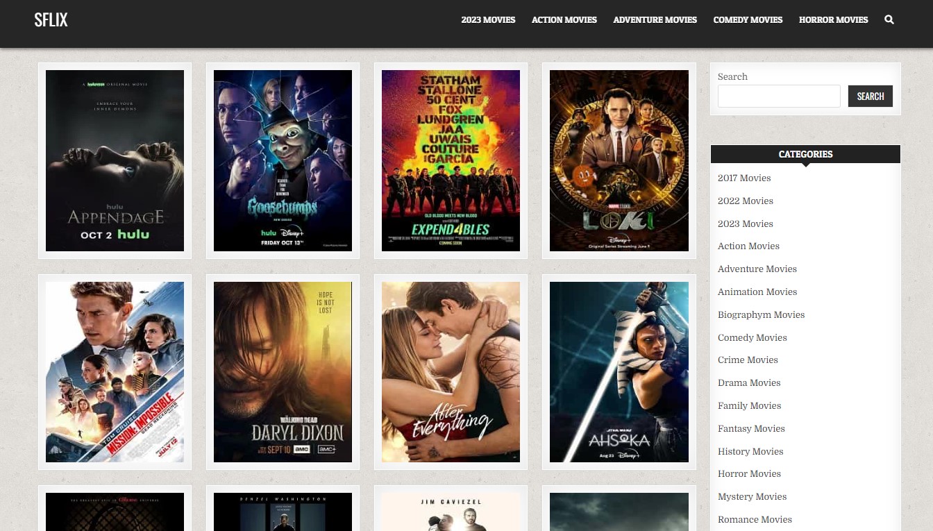 The black-and-white homepage of SFlix Pro, with movie posters on the left and movie categories on the right