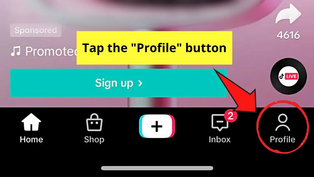 Visual instruction to tap the "Profile" button on a user interface, highlighted by a red circle and an arrow.