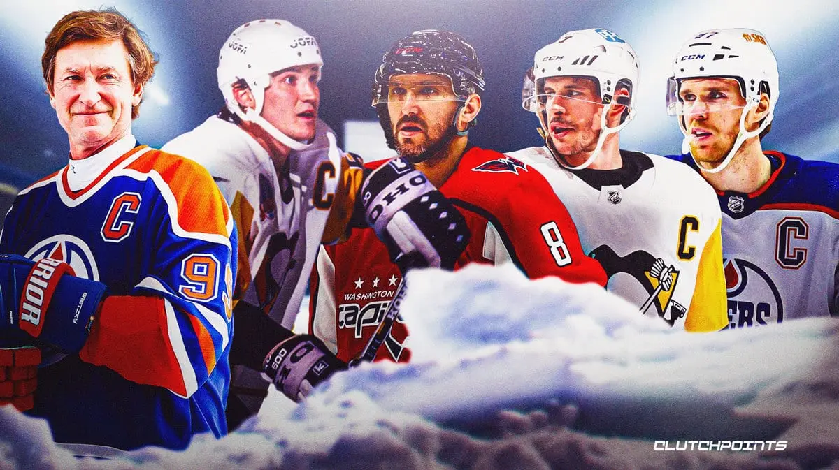 The image showcases a montage of prominent NHL players, each donning the captain's "C" on their jerseys, set against a dramatic backdrop.