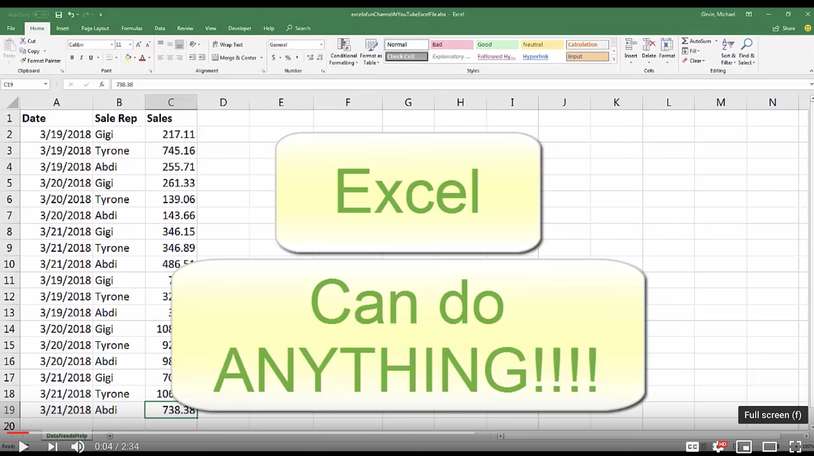 Excel spreadsheet with sales data and a prominently displayed, enthusiastic message stating "Excel Can do ANYTHING!!!!" reflecting the versatility and powerful capabilities of the software.