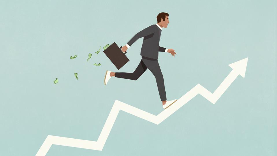 Illustration of man running up graph, symbolizing financial success.