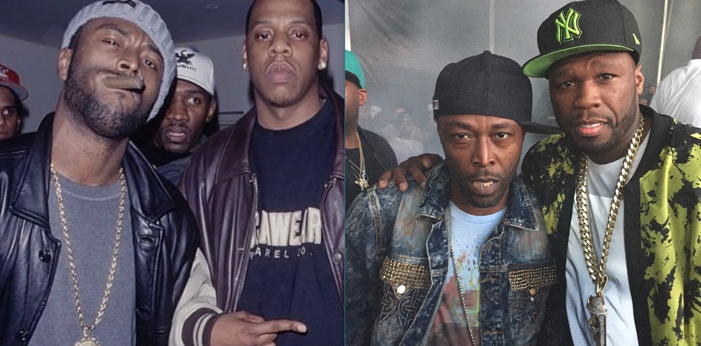 Black Rob chomping on a tobacco beside Jay-Z both in leather jackets; Black Rob and 50 Cent in caps