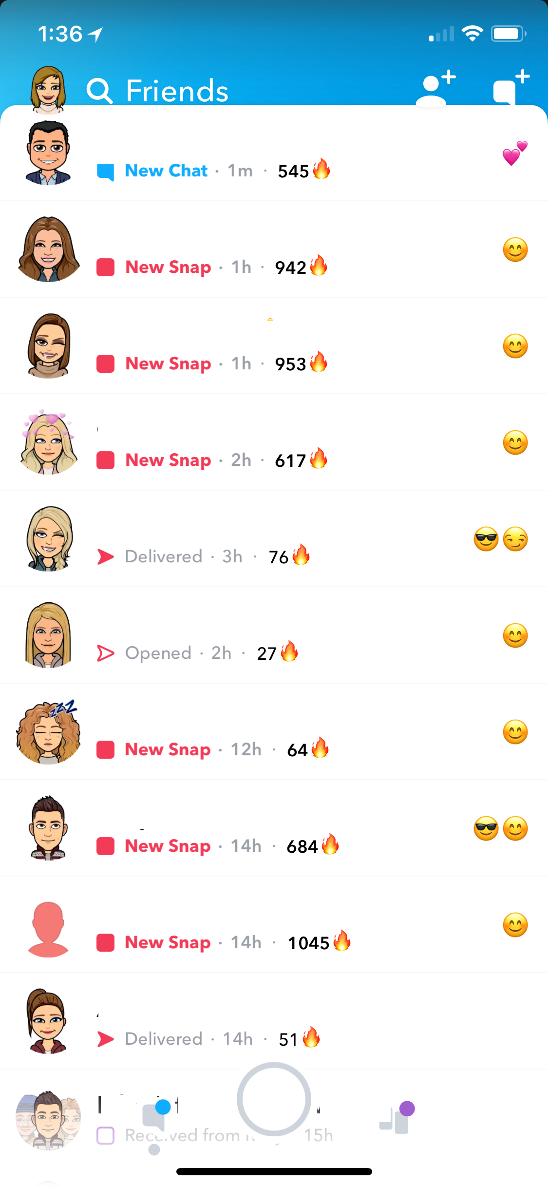 Chat page of snapchat showing different streaks with different people