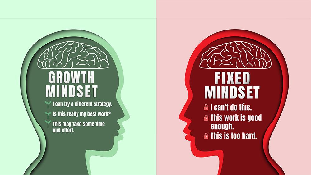 Two people with different mindsets: one is fixed and the other is growth.