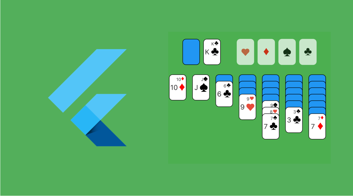 Abstract blue icon on the left and a simplified representation of a solitaire card game on a green background to the right.