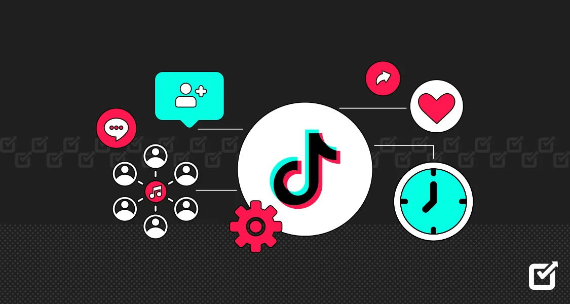 Various features and interactions related to the TikTok platform on a dark grid background.