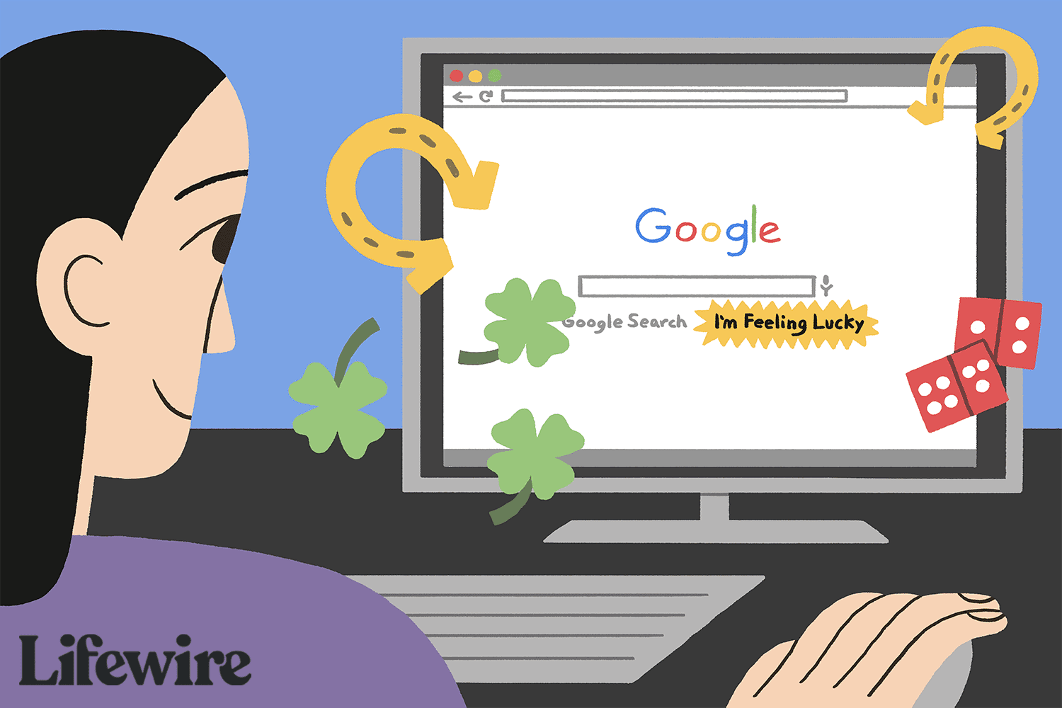A person interacts with Google's homepage, surrounded by symbols of luck like horseshoes, clovers, and dice.