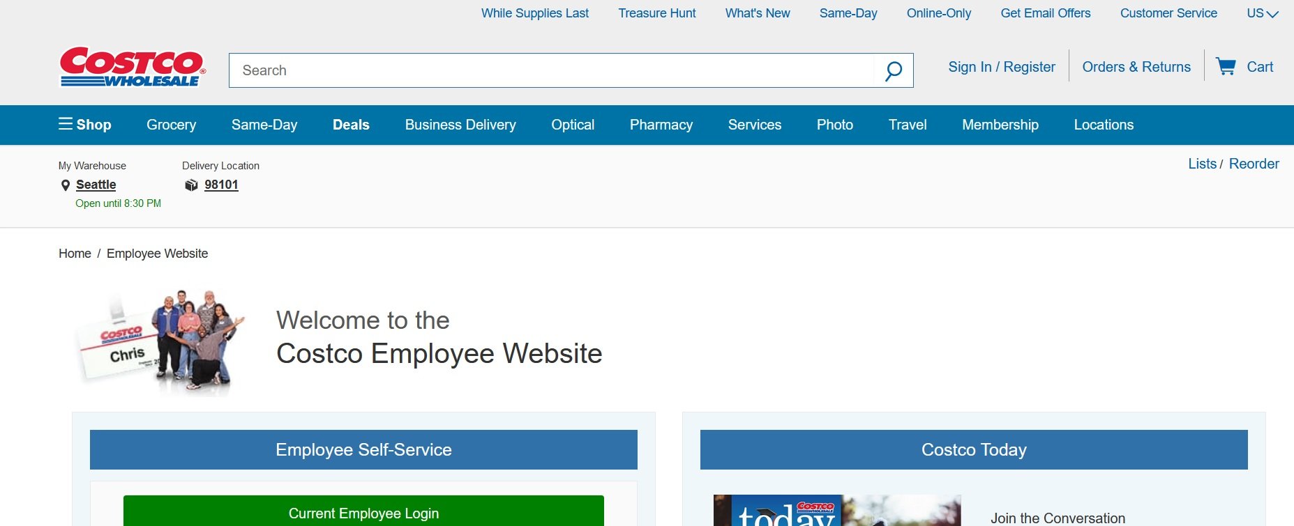 Costco employee website front page