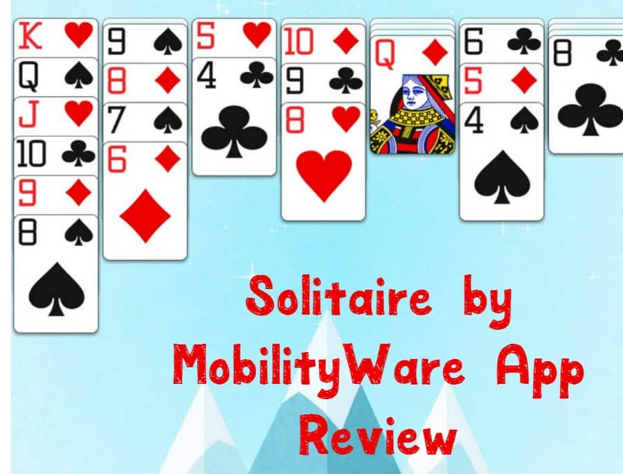 An array of playing cards with the title "Solitaire by MobilityWare App Review" prominently placed in the center.