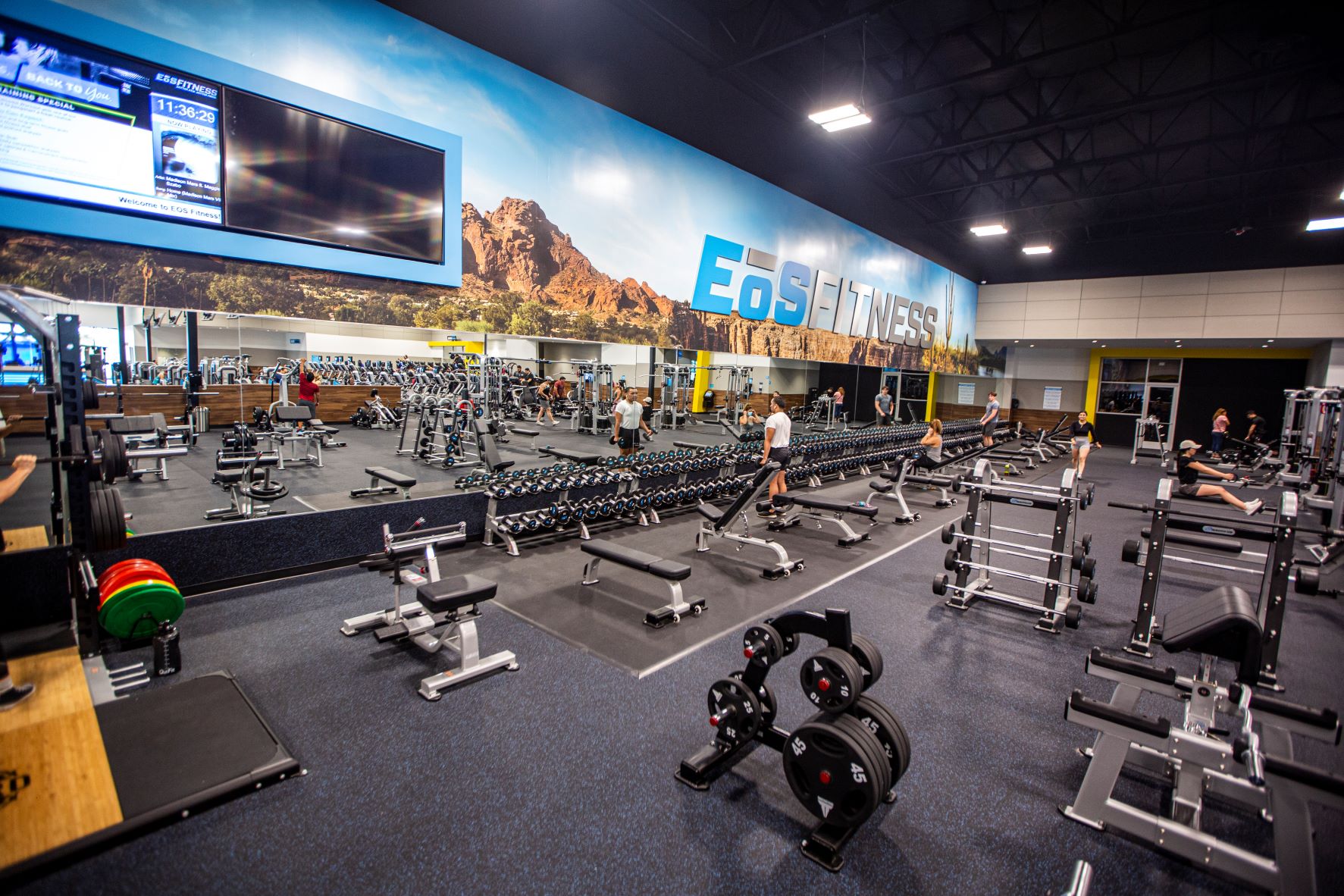 A eos fitness gym filled with lots of exercise equipment.