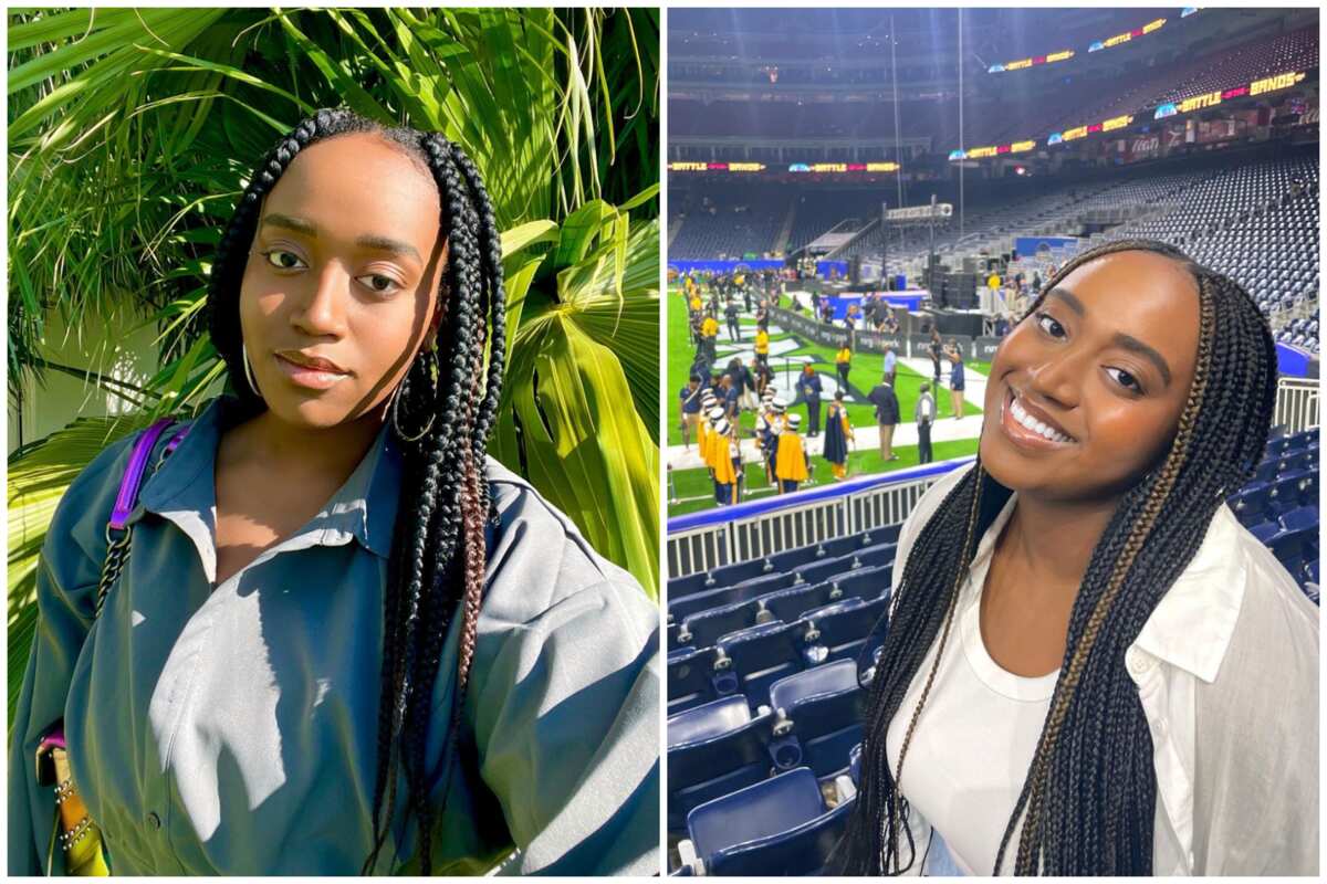 Two portraits of the same smiling woman with braided hair, one taken outdoors with greenery in the background and the other at a sports stadium with a view of the field and audience seating.
