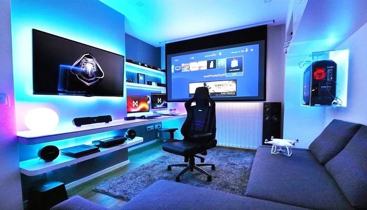 A gamer's paradise with a sleek and modern setup, featuring a high-end gaming PC, a large curved monitor, and comfortable ergonomic seating.