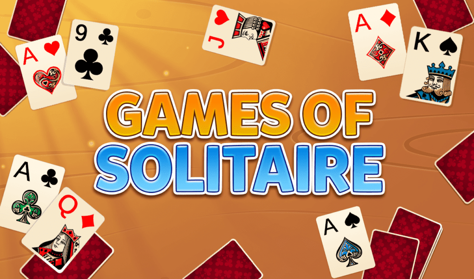 A vibrant promotional graphic showcasing various playing cards with the bold title "GAMES OF SOLITAIRE" at the center.