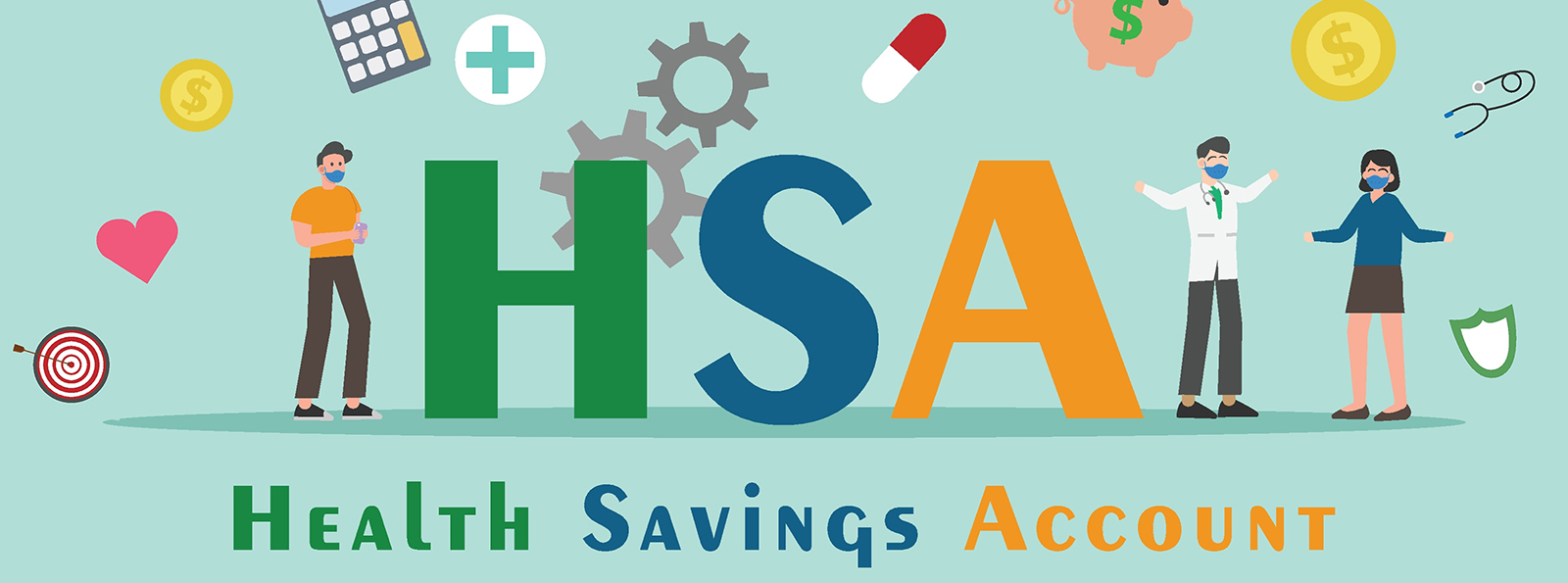 An illustartion of medical stuff, people and "HSA" written on a sky blue background