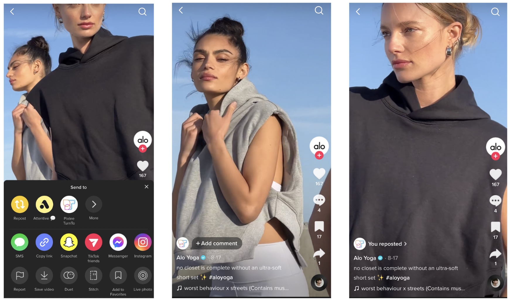 Three screenshots from a platform, possibly TikTok, featuring models in sportswear with branding for "Alo Yoga."
