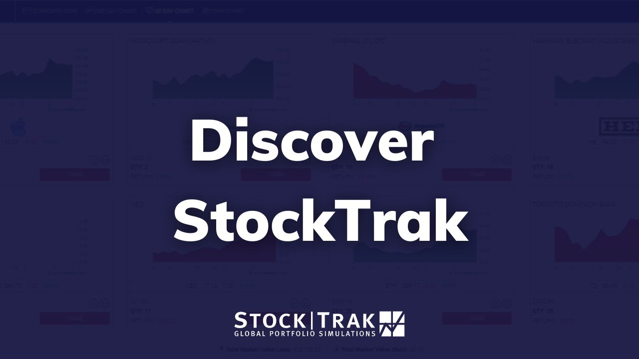 "Discover StockTrak" prominently displayed over a background of financial graphs, suggesting an invitation to learn more about the StockTrak Global Portfolio Simulations platform.