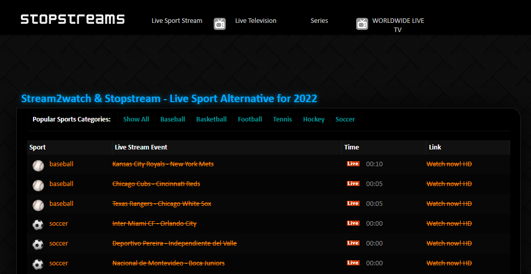 The image displays the interface of "Stopstreams" website, highlighting "Stream2watch & Stopstream - Live Sport Alternative for 2022," with a list of live baseball and soccer events and their corresponding streaming links.