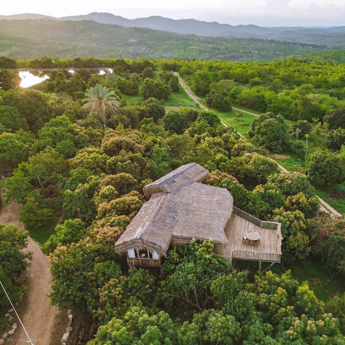 Aerial view of a large wooden house with spacious balcony surrounded by trees in Makuyu, Kenya