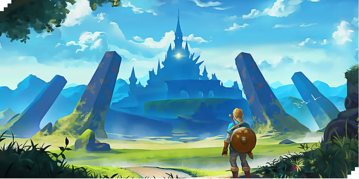  A young game character man standing in front of a castle with mountains in the background