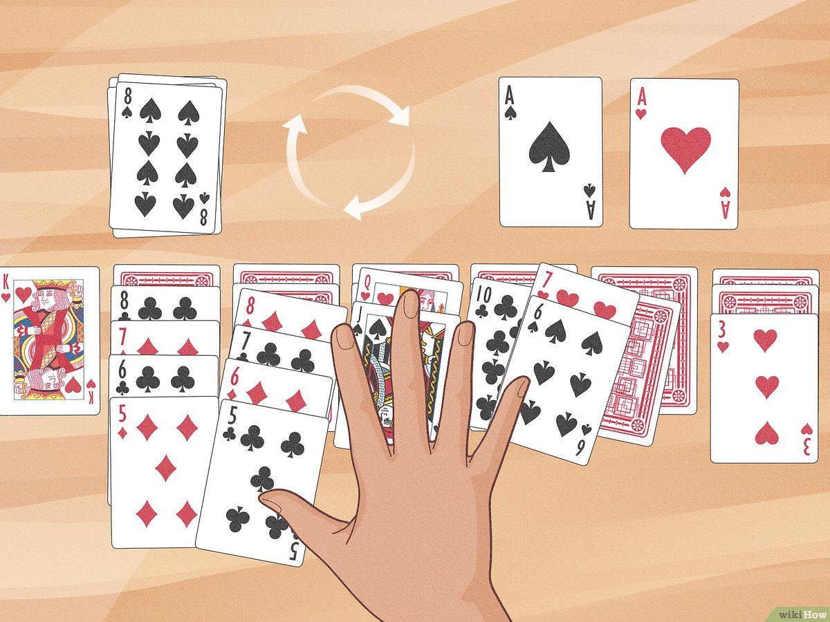 A hand sorting through playing cards on a wooden surface, with a visual indication of a card rotation or flip.