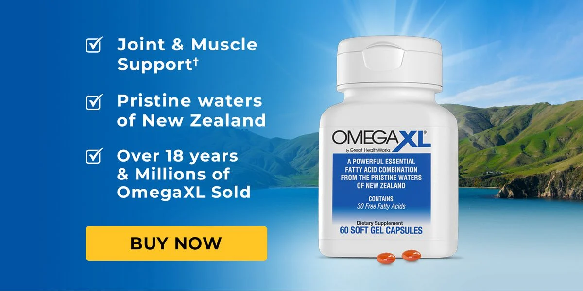 OmegaXL, emphasizing its benefits for joint and muscle support, origin from the pristine waters of New Zealand, and the brand's longevity and sales history, with a call-to-action button inviting viewers to "BUY NOW".