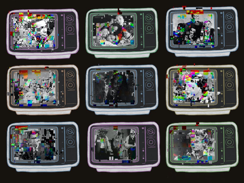 A collection of screens with distorted and glitchy visuals, which could indicate a theme related to technology, digital errors, or data corruption.
