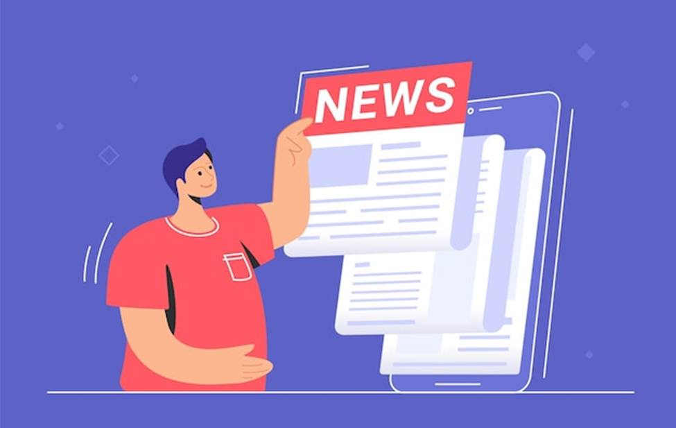 An animated character holding up a newspaper with the word "NEWS" on it, symbolizing the act of staying informed or delivering news.