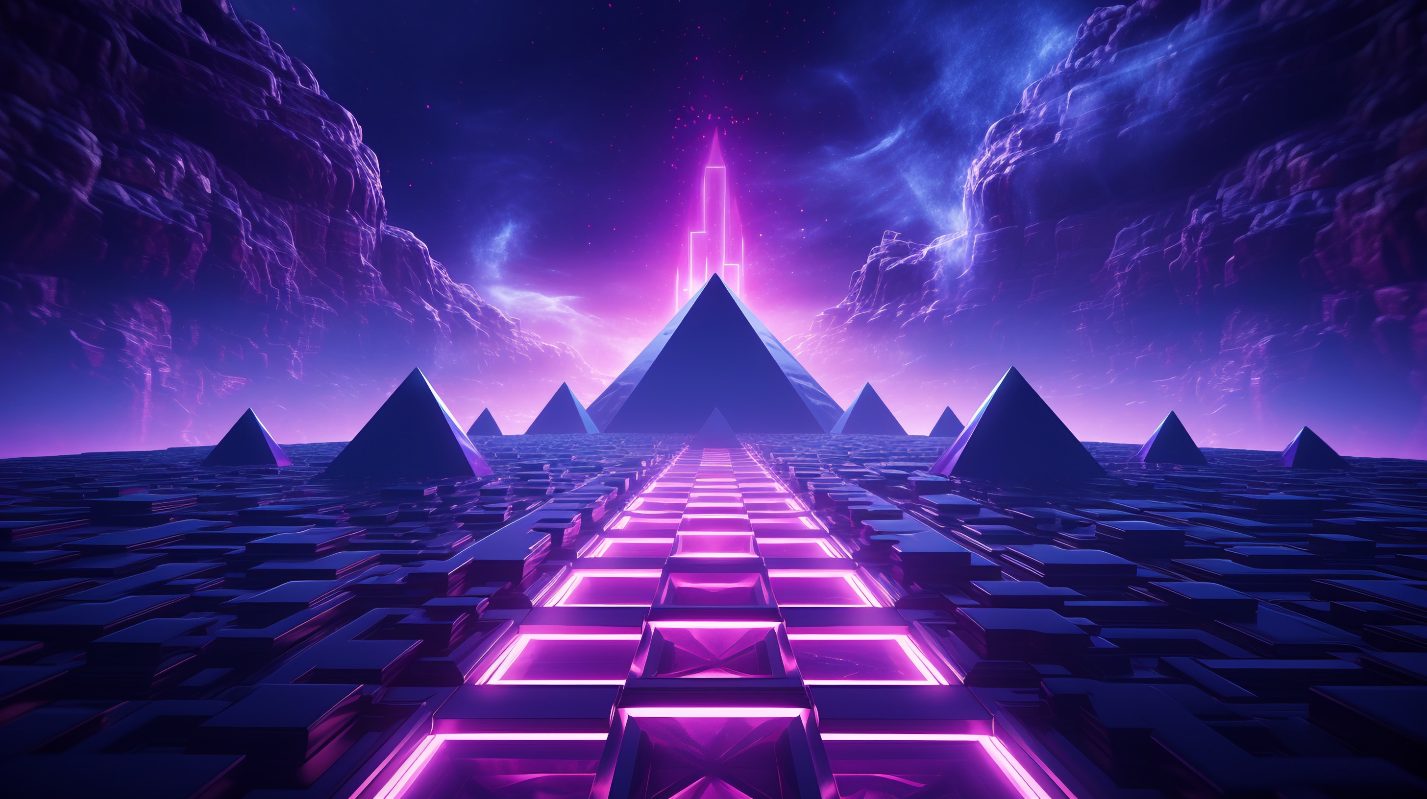 Striking digital art landscape with a neon-lit pathway leading towards a central pyramid under a starry, dusk-hued sky, evoking a sense of futuristic or alternate reality.